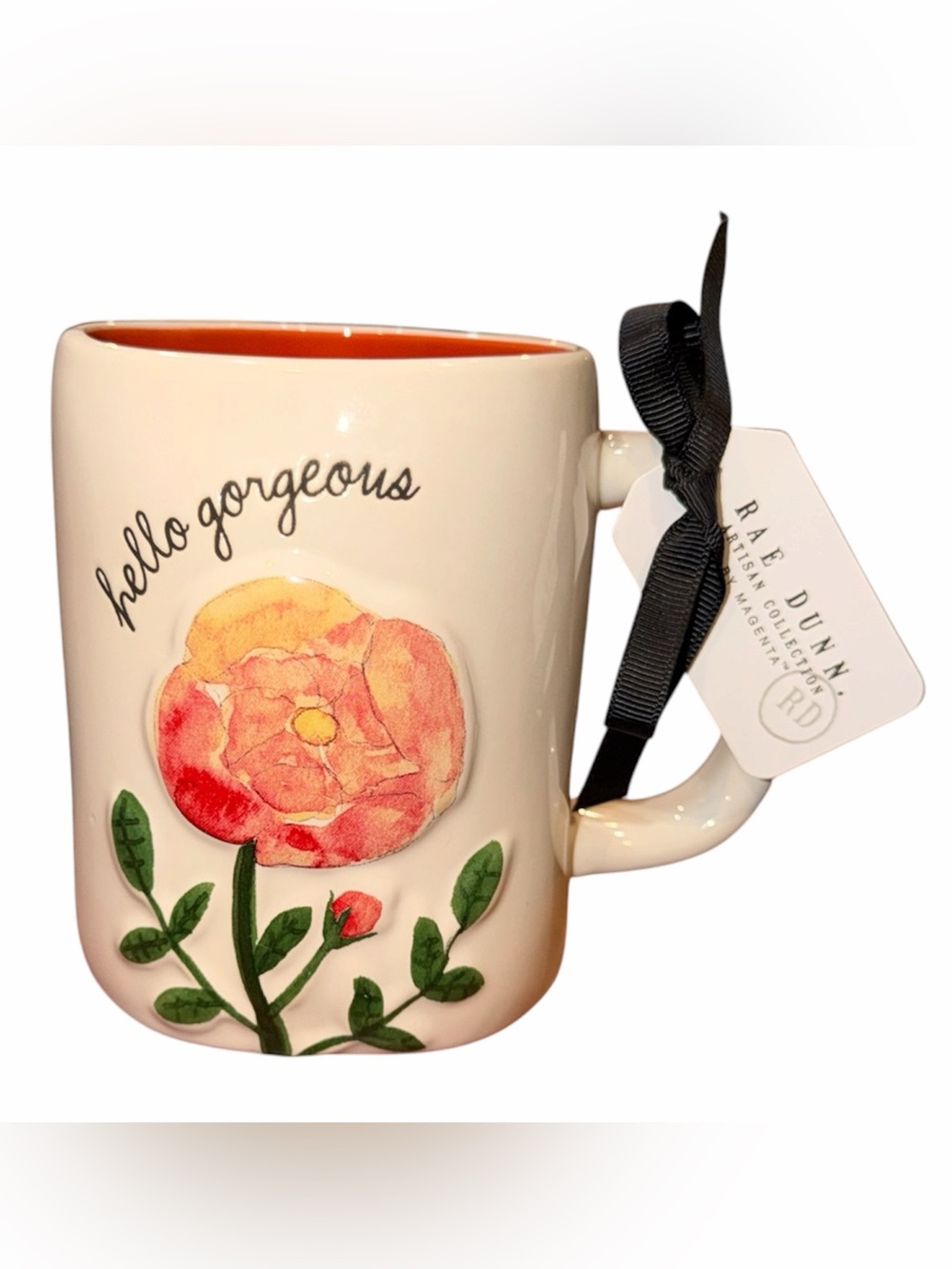 Rae Dunn Floral "Hello Gorgeous" Mug - Peach Flower with Orange Interior